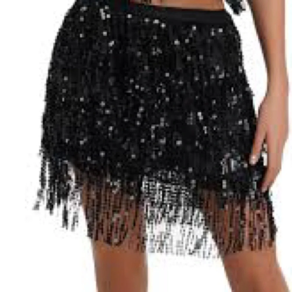 Elegant Sparkly Black Fringe Skirt and One Shoulder Matching Top NWT Size S‎ - Picture 3 of 6